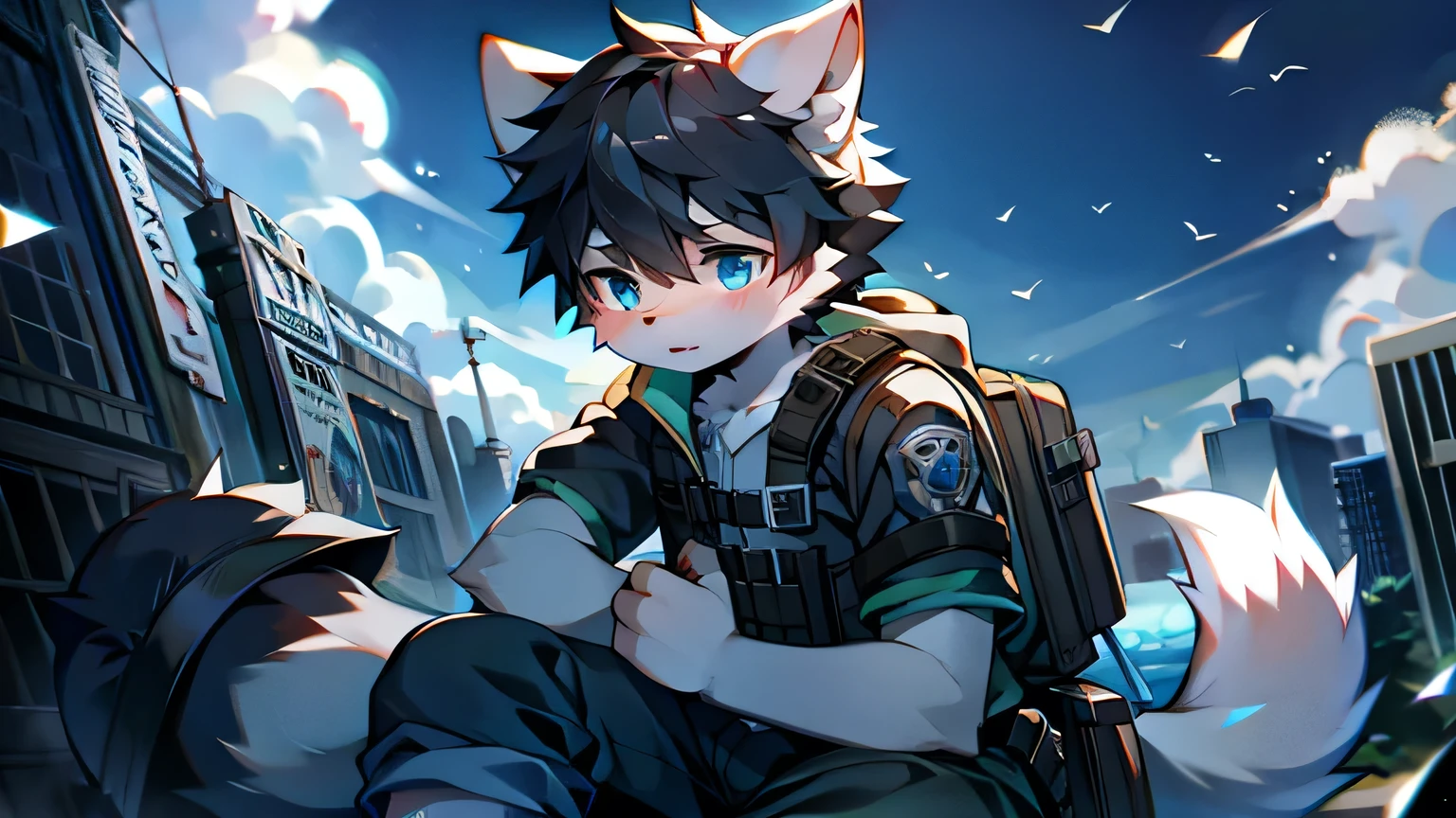 White Wolf，male，juvenile，Black Hair，hairy，Sky blue eyes，Wolf ears，Wolf Tail，resident Evil，Chemical protective clothing