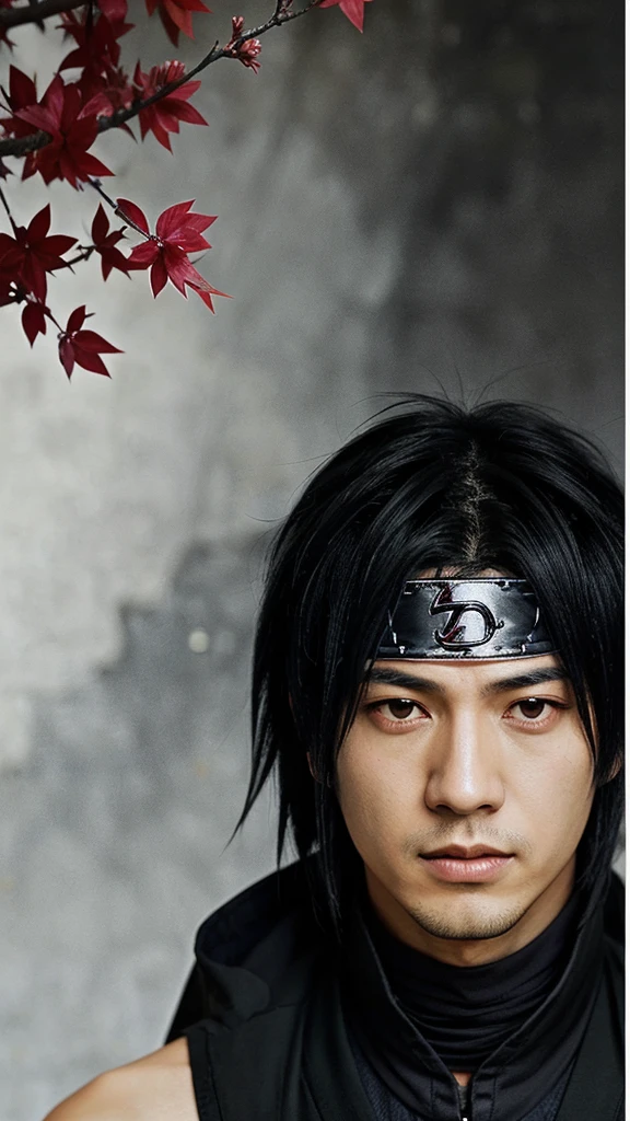 A handsome young man from Japan,(high detail Chunky face), (PureErosFace), (plump body build), (very curvy), plus,(photoshot), pores, real skin,Tattoo with the text "LD" in red black, hair band, flying hair, (black hair), ancient head ornament, hairpin, seductive, cynical look, affectionate eyes, glowing eyes, handsome scene, shadow, backlighting, soft natural volumetric  perfect light,, sword, Japanese architecture, grassland, tree, standing on the roof of the tallest traditional house,focus on the face 