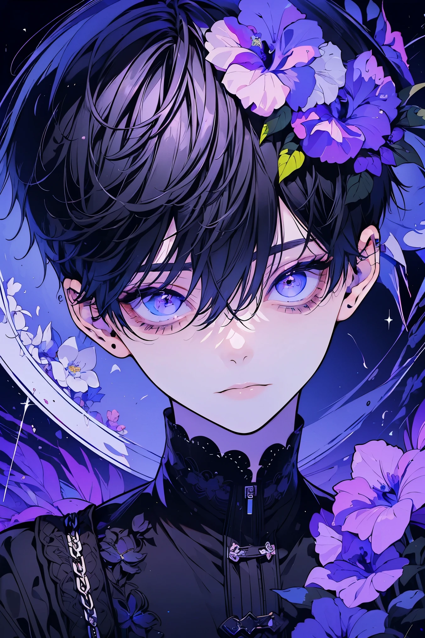 (Mastepiece), (Best Quality), Very detailed, 1 boy, Solo Shooting, Perfect Face, Beautiful Face, Very detailed顔，(Black short hair:1.3)，(Big eyes:1.4)，(Long eyelashes:1.4)、(Iris:1.3)、Lots of flowers