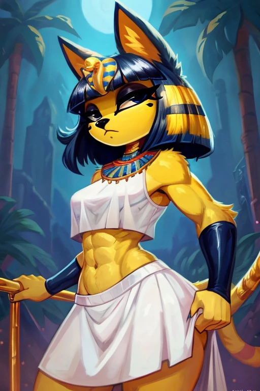 ((best quality)), ((masterpiece)), (detailed), a digital sideview artwork of ankha with abs wearing a crop top of her white sleeveless dress with white long skirt, a bare midriff and a bare navel, ((trending on artstation)), ((4k)), furry, anthro style, 2d style