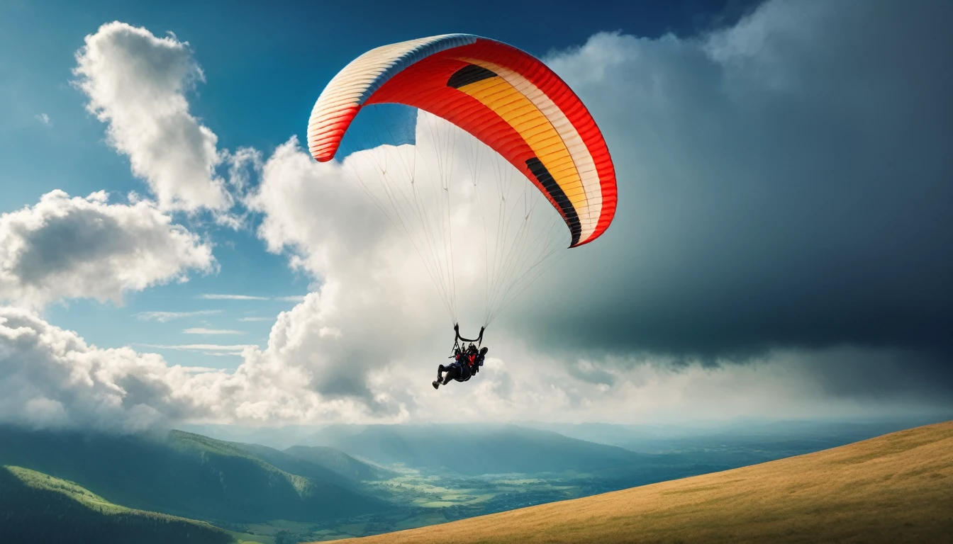 a single paraglider, isolated, flying through blue sky, dramatic lighting, cinematic, epic landscape, dramatic clouds, wide angle, detailed atmospheric haze, ultrarealistic, 8k, high resolution, detailed textures, photorealistic, masterpiece