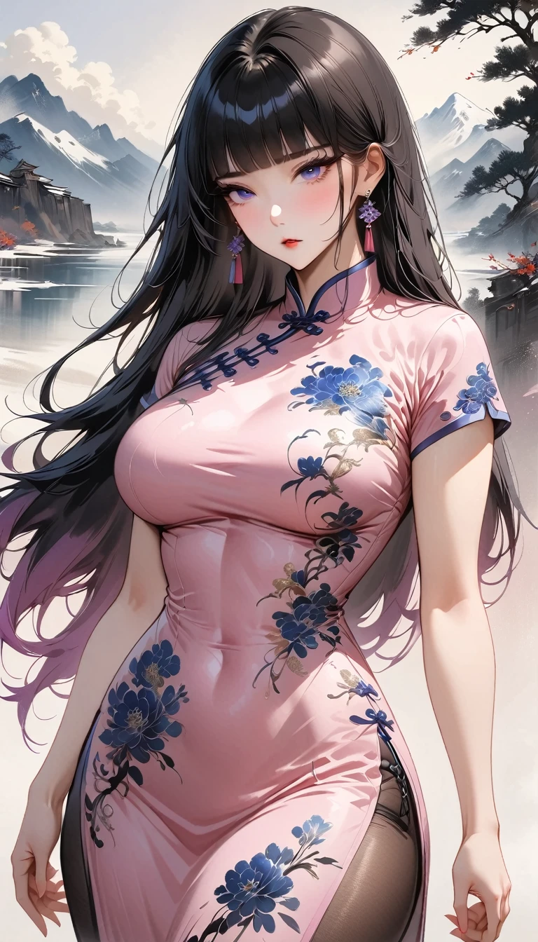 (Masterpiece, Best Quality: 1.3), 1girl, (Conservatively Dressed: 1.8), pink-purple cheongsam, pink-purple qipao, (Mature: 1.4), Cold Eyes, Gorgeous Accessories, very aesthetic, national painting, Clothing ink painting style, gradient hair, blunt bangs, blunt bangs, high detail, cowboy shot, Masterpiece, super detail, best quality