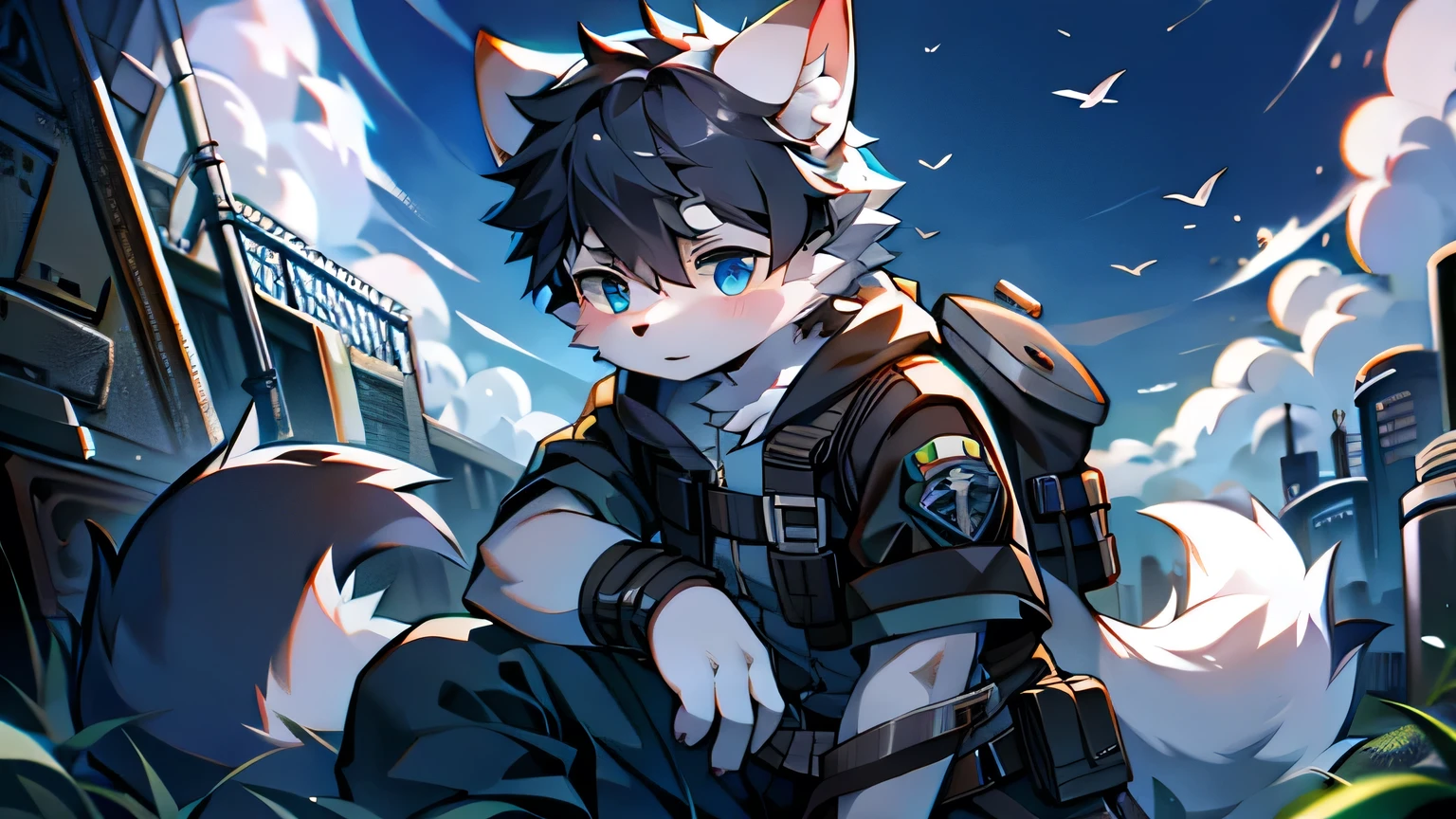 White Wolf，male，juvenile，Black Hair，hairy，Sky blue eyes，Wolf ears，Wolf Tail，resident Evil，Chemical protective clothing