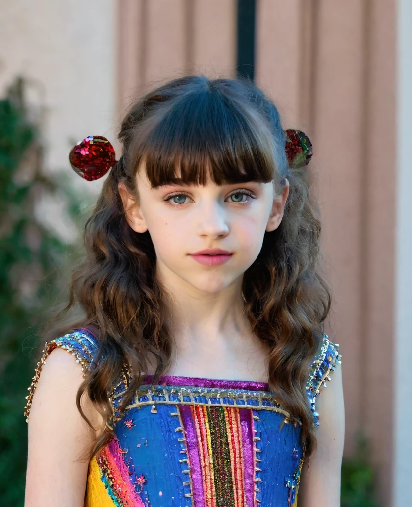 A  daughter with dark purple and dark blue hair and light brown eyes wearing a maroon dress