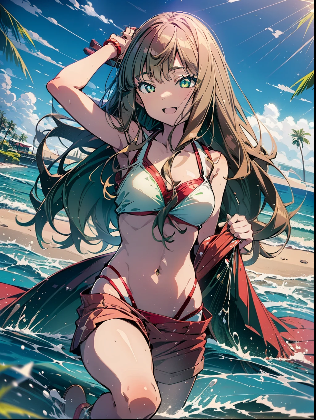 minami yume ,sss Dynazenon ,Long Hair, Brown Hair, (Green Eyes:1.5) ,Long braids,happy smile, smile, Open your mouth,belly button,Red Bikini Swimsuit,barefoot,red belly dancer,pararel, A bright red blanket is wrapped around his waist...,(Beach salon),  Big Breasts,((salon)), Beach outfit,Real Summer,Palm tree,whole bodyがイラストに入るように,
break outdoors, Beach,
break looking at viewer, whole body,
break (masterpiece:1.2), Highest quality, High resolution, unity 8k wallpaper, (shape:0.8), (Beautiful and beautiful eyes:1.6), Highly detailed face, Perfect lighting, Highly detailed CG, (Perfect hands, Perfect Anatomy),