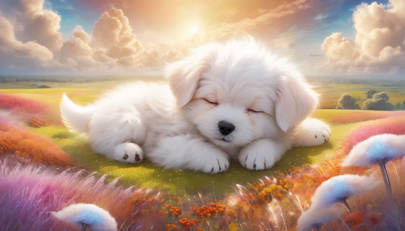 small, Fluffy puppy and big, Surrounded by vibrant fields, Sleeping on a whimsical white cloud , The scene is softly wrapped, Mysterious glow, Infusing the surreal with a dreamlike atmosphere, abstract scenery. 3D fractal elements add depth and dimension, Creation of magic, An otherworldly atmosphere straight out of a fairy tale.Highest quality、masterpiece