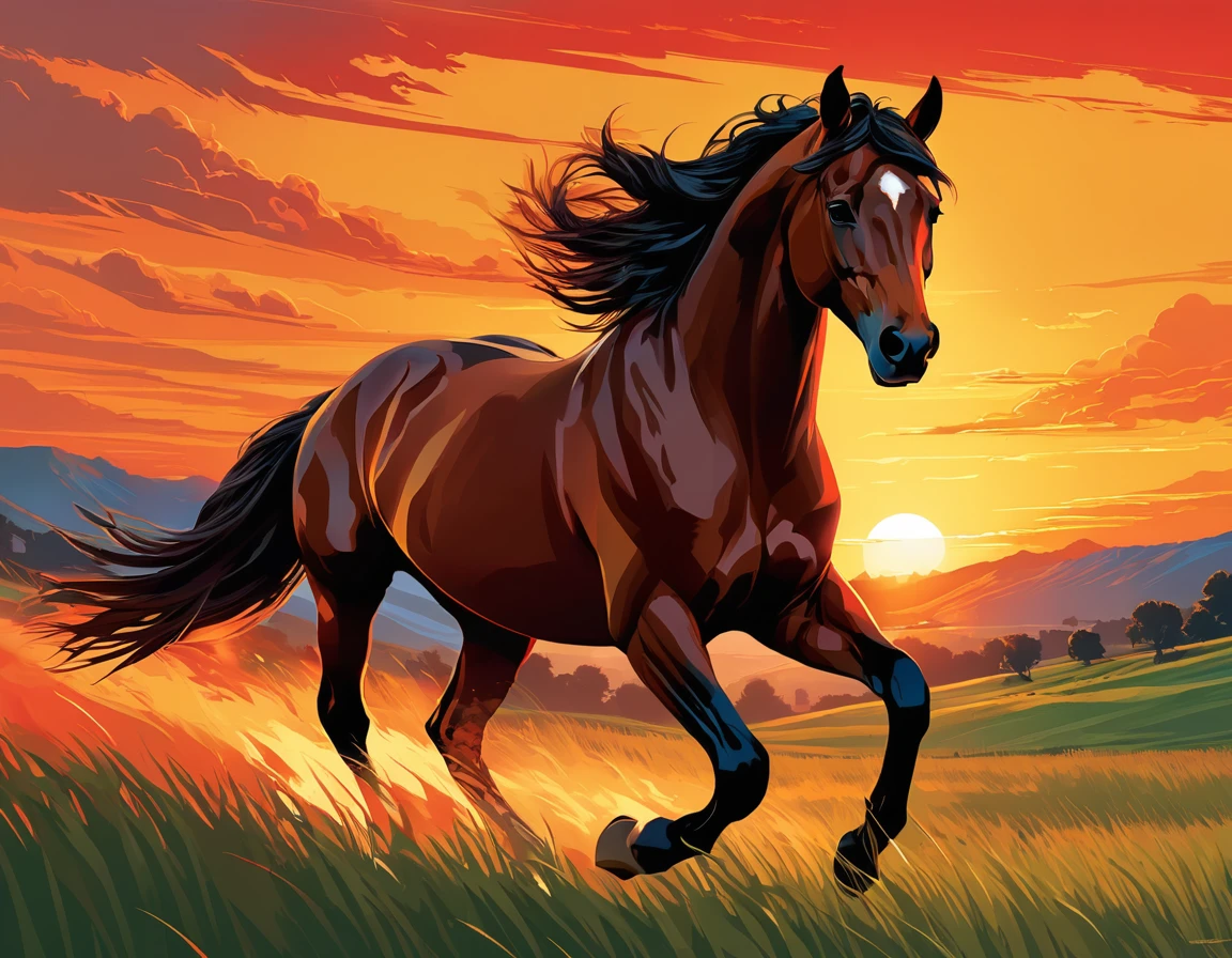 stylized, digital artwork featuring a majestic horse galloping across a field during a sunset. The sky is painted with warm hues of orange, yellow, and red, with the sun in low on the horizon. The horse is depicted in a dynamic pose, with its mane flowing behind it. Its body is muscular and well-defined, with a glossy coat that reflects the light of the setting sun. The horse's eyes are focused and intense. The field is filled with tall grass that sways in the wind, adding to the sense of motion. The grass is rendered in shades of green and brown, with some areas appearing to be on fire, which could be an artistic choice to emphasize the intensity of the scene. The overall style of the artwork is reminiscent of comic book art, with bold lines and a limited color palette that enhances the dramatic effect of the scene. Art by Dechko Uzunov, highly detailed vector art, red dead redemption art style, in the sunset, fire and flames mane, dark horse comics, digital horse, martin ansin, by Evan Charlton, sunset!, by Eddie Mendoza, sunset illustration, featured art, full color digital illustration,(masterpiece), best quality
