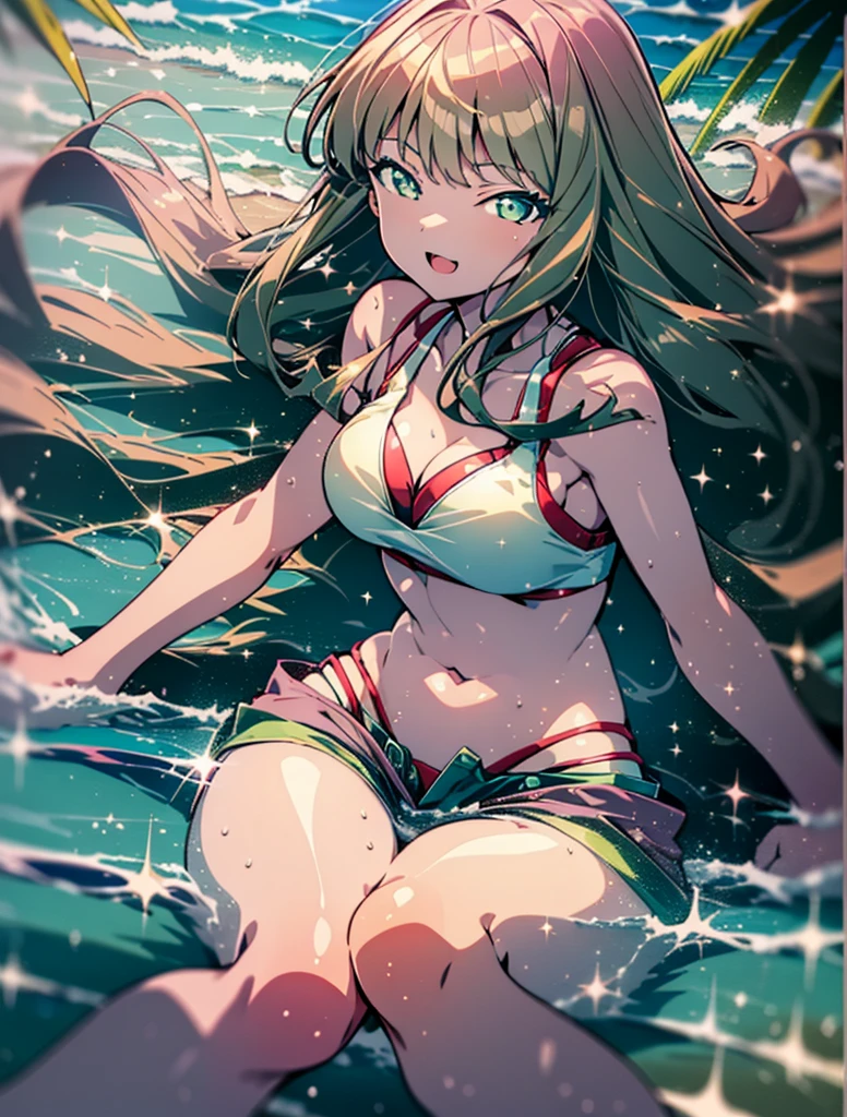 minami yume ,sss Dynazenon ,Long Hair, Brown Hair, (Green Eyes:1.5) ,Long braids,happy smile, smile, Open your mouth,belly button,Red Bikini Swimsuit,barefoot,red belly dancer,pararel, A bright red blanket is wrapped around his waist...,(Beach salon),  Big Breasts,((salon)), Beach outfit,Real Summer,Palm tree,whole bodyがイラストに入るように,
break outdoors, Beach,
break looking at viewer, whole body,
break (masterpiece:1.2), Highest quality, High resolution, unity 8k wallpaper, (shape:0.8), (Beautiful and beautiful eyes:1.6), Highly detailed face, Perfect lighting, Highly detailed CG, (Perfect hands, Perfect Anatomy),