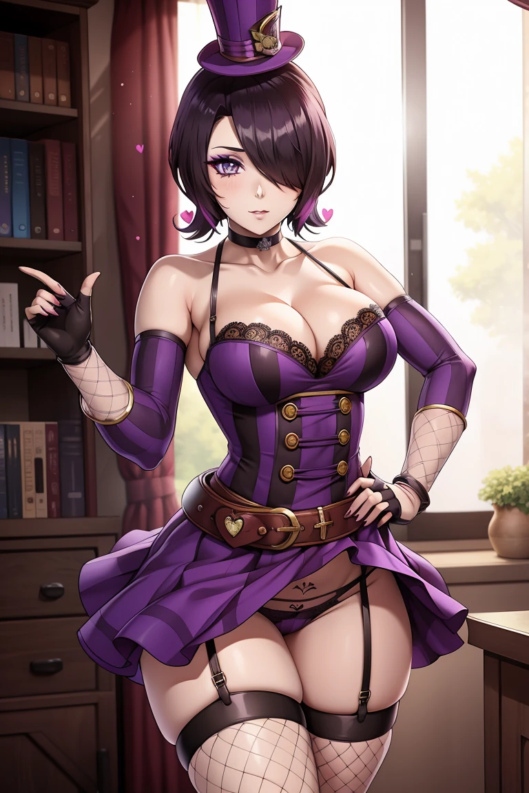 (masterpiece, best quality:1.4, anime style), illustration, 8k, hd, 1girl, solo, moxxibl2, eyeshadow, makeup, heart tattoo, hair over one eye, cleavage, top hat, choker, fingerless gloves, fingerless gloves, fishnets, thighhighs, belt, striped, asymmetrical legwear, underwear, purple dress,