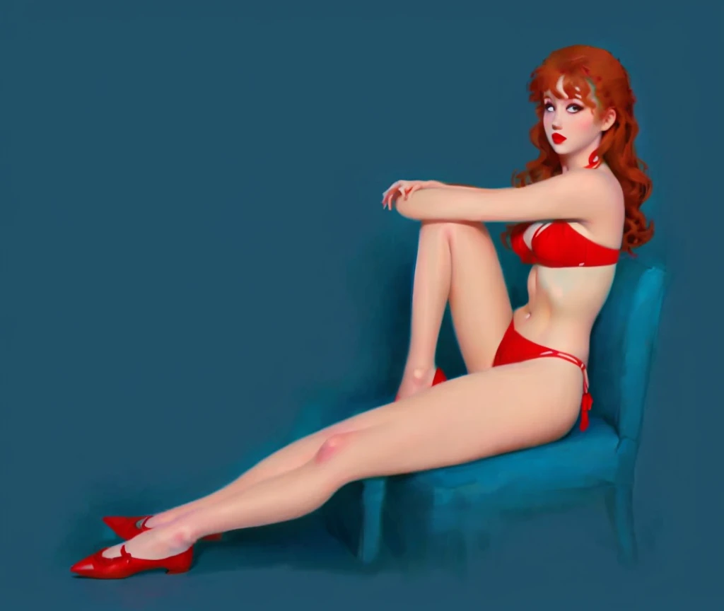beautiful pinup girl sitting down on blank blue background. Red bikini, brownish red hair, red lipstick, no shoes