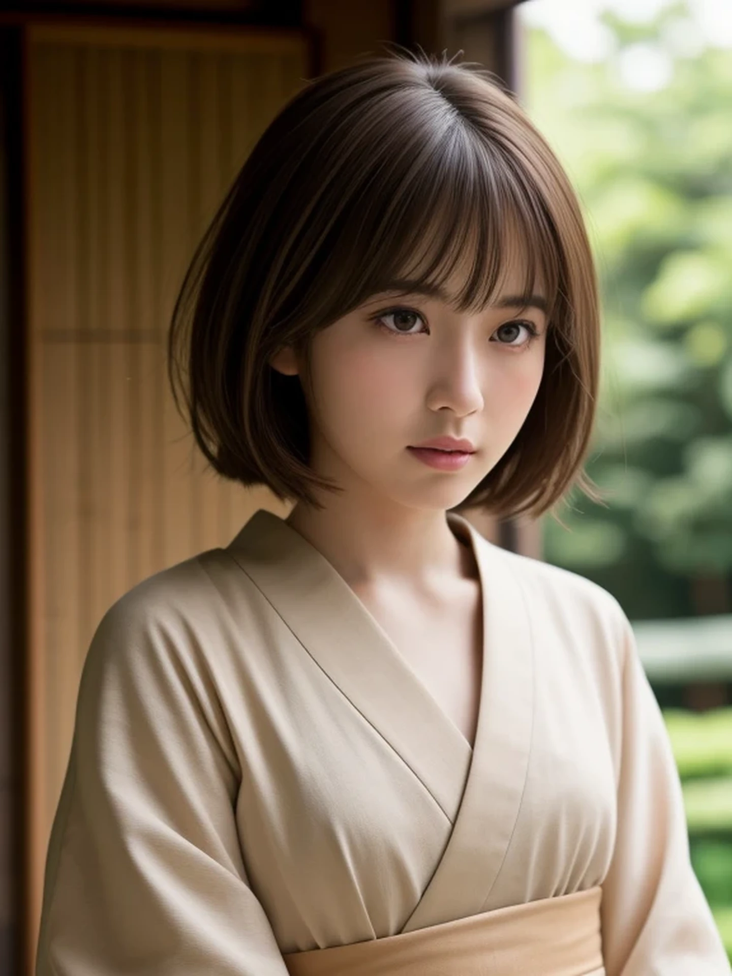 1 Japanese girl, (looking away:1.4), (upper body shot:1.2), Beautifully detailed eyeballs, catchlight in the eyes, Realistic digital painting of a woman portrait, Shy, Cute, open mouth to say something, sad, brown eyes, (short hair:1.1), (light brown brunette hair:1.3), (Highly detailed skin:1.2), Mystical style, Global Illumination, Traditional Japanese Kimono, Kimono with beautiful patterns, Japanese Tea House