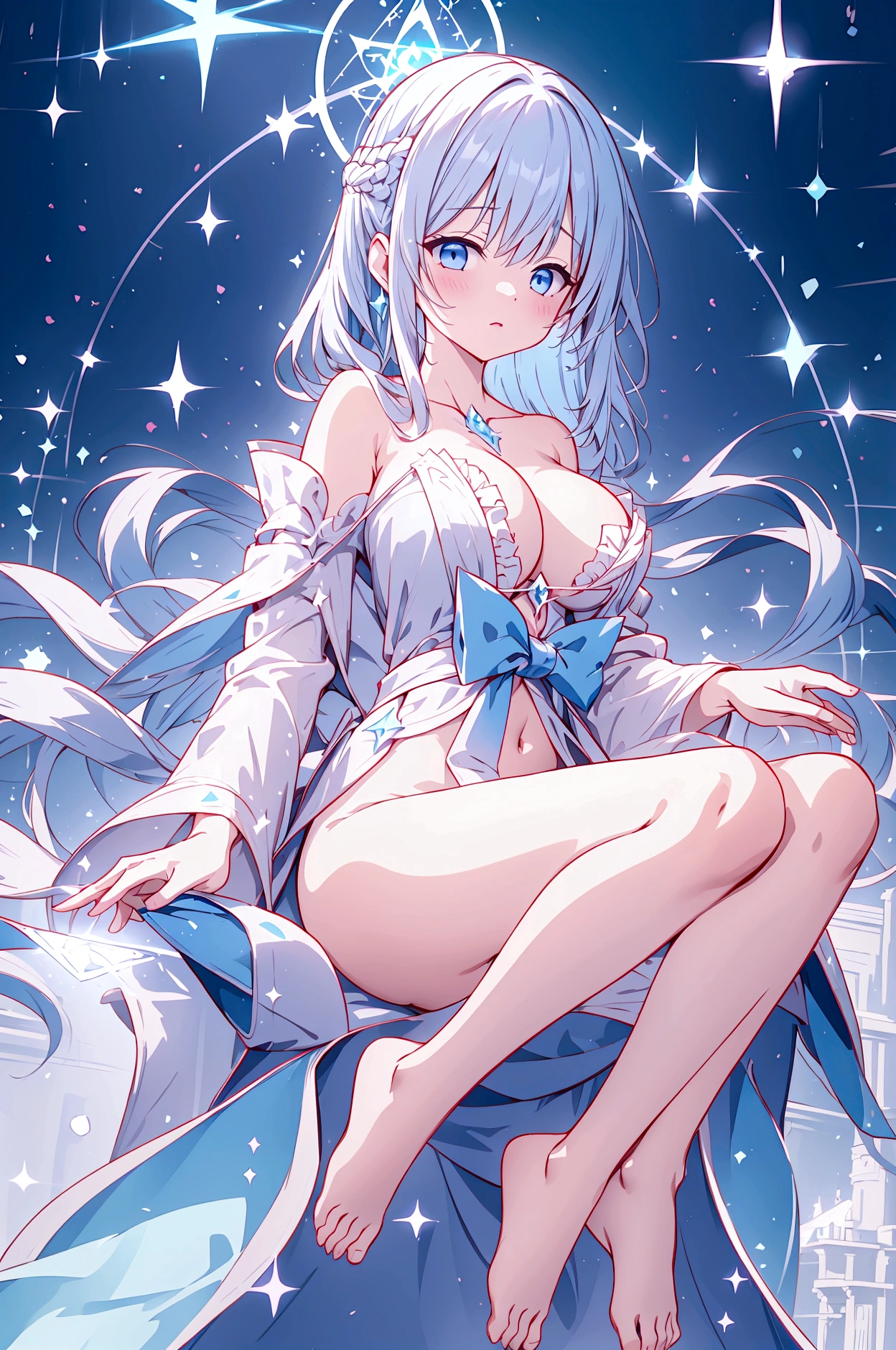 Naked and wearing a magic robe、Big tits are visible、Pure white magic robe、Cute frilly light blue underwear、barefoot、Magic wand