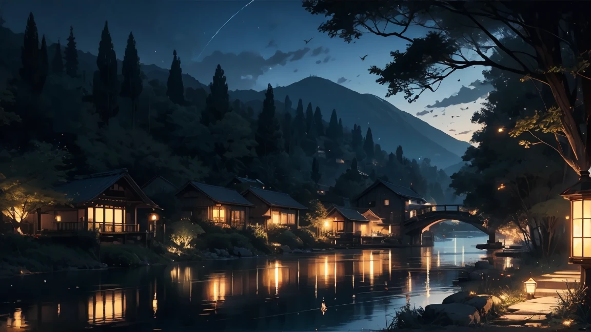 summer、countryside、Riverbank、night、Firefly Light、nostalgic