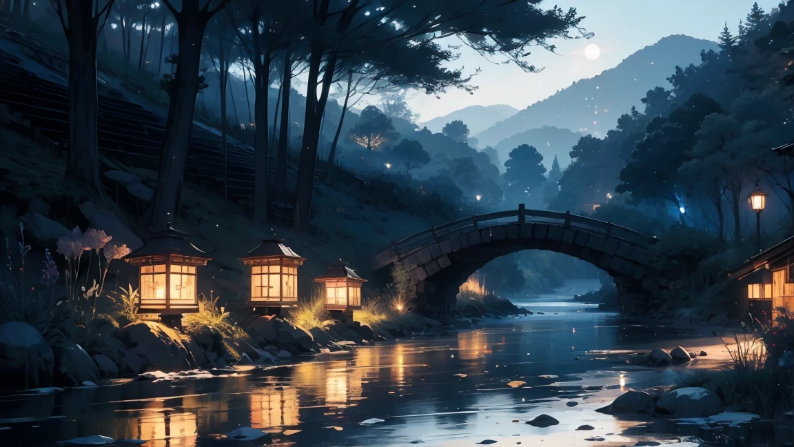 summer、countryside、Riverbank、night、Firefly Light、nostalgic