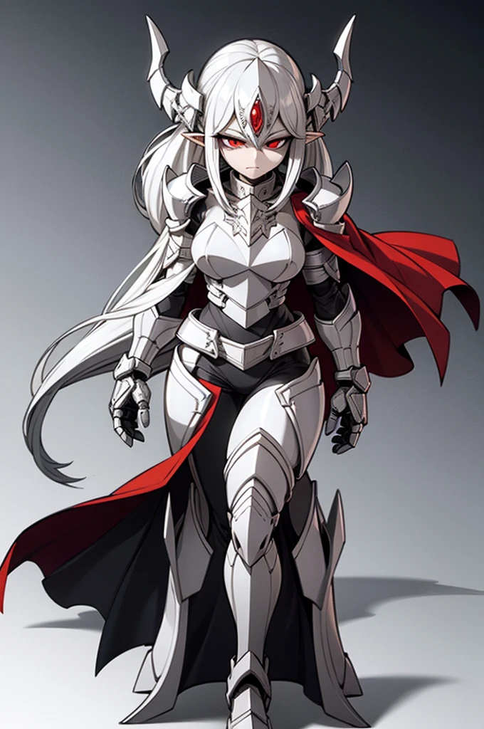 female elf knight, full body art, silver hair, white skin, red iris eye, knight full plate adorned armor, silver cape, perfectly detailed
