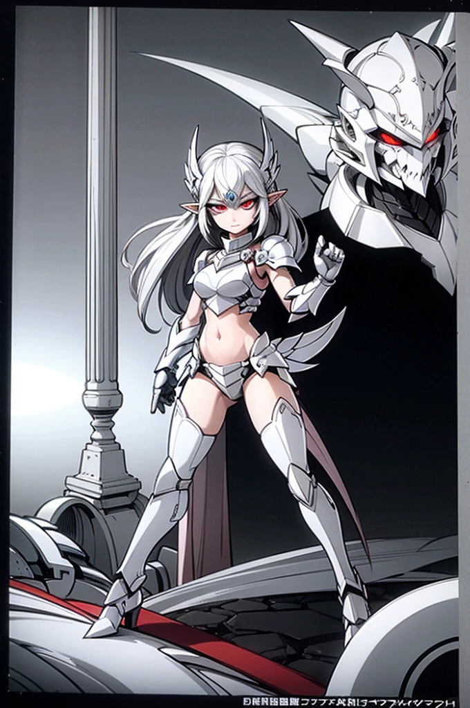 female elf knight, full body art, silver hair, white skin, red iris eye, knight full plate adorned armor, silver cape, perfectly detailed