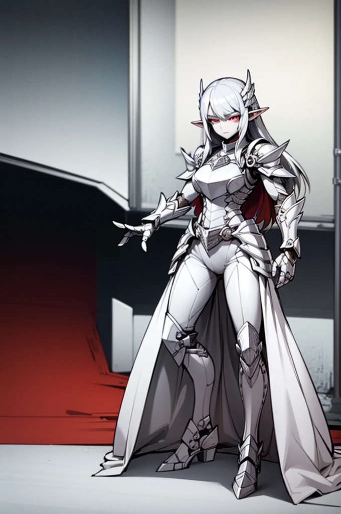 female elf knight, full body art, silver hair, white skin, red iris eye, knight full plate adorned armor, silver cape, perfectly detailed