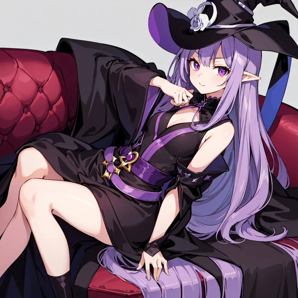 anime girl long purple hair wearing a black Robe. she has pointy ears. Witch Hat. Manga kawaii. iridescent ,An illustration, Sit on the sofa, (no background)