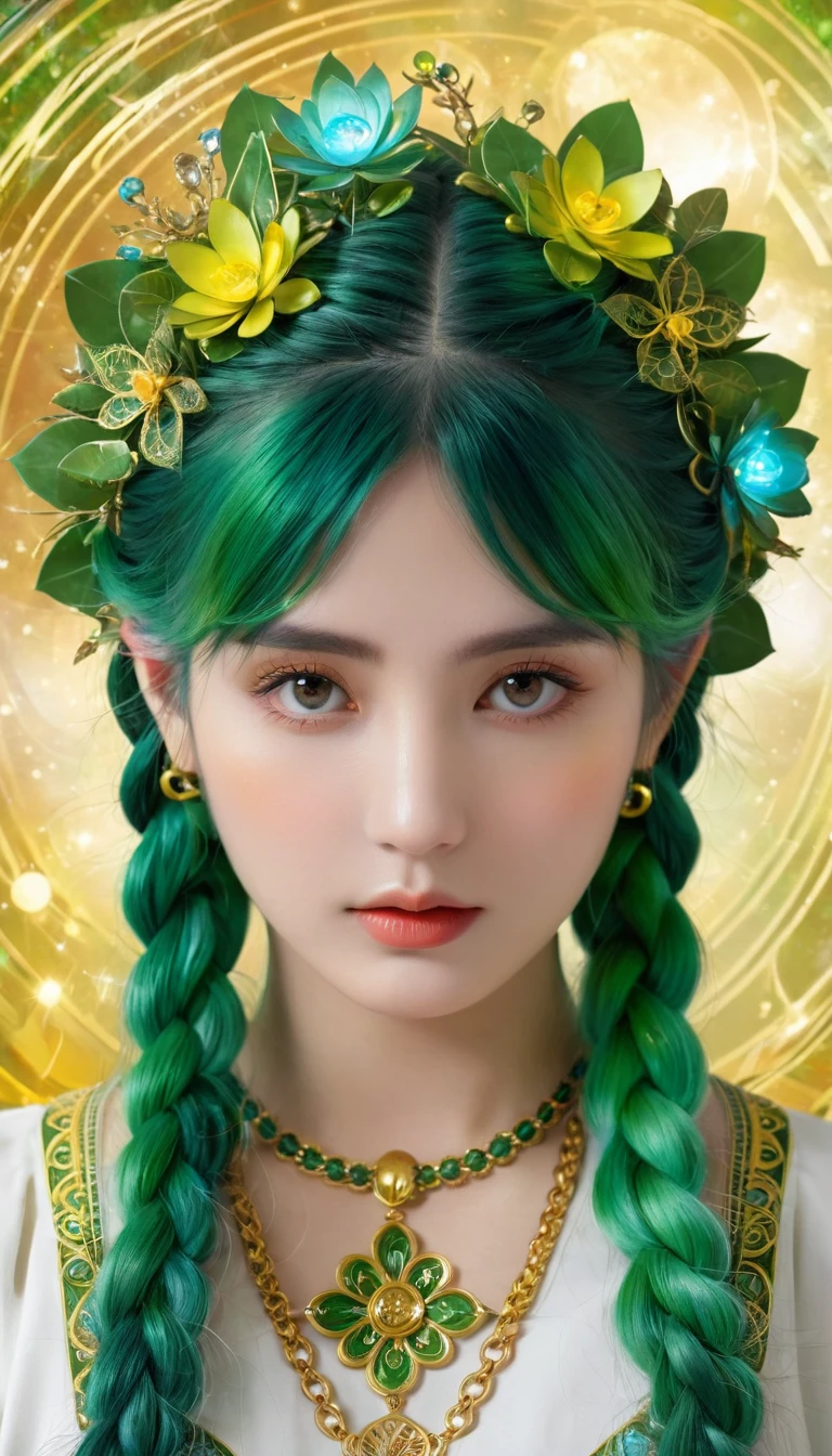 (masterpiece, top quality, best quality, official art, beautiful and aesthetic:1.2), (1girl:1.3), (fractal art:1.3), card, tarot, green hair, twin braids, hair flower, (good lighting:1.1), ((highres)), Tarot card style