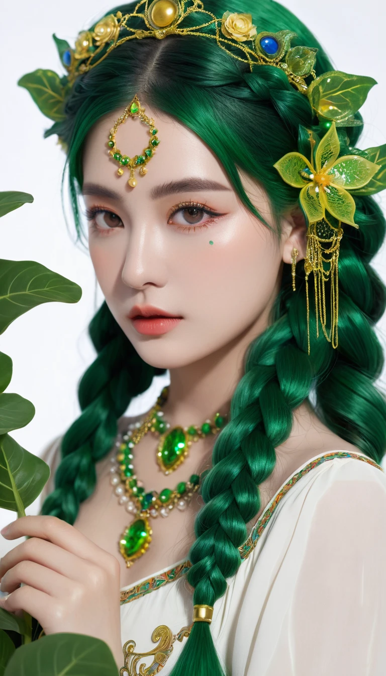 Realistic,Japanese young idol one girl portrait,Upper Body,Dark green hair,indoor,View your viewers,Simple Background,Part your lips,olive leaf tiara,Yellow-green Greek-style dress,Popular Korean makeup,photoRealistic,A sheer yellow-green veil is draped over her shoulders.,Wavy Hair