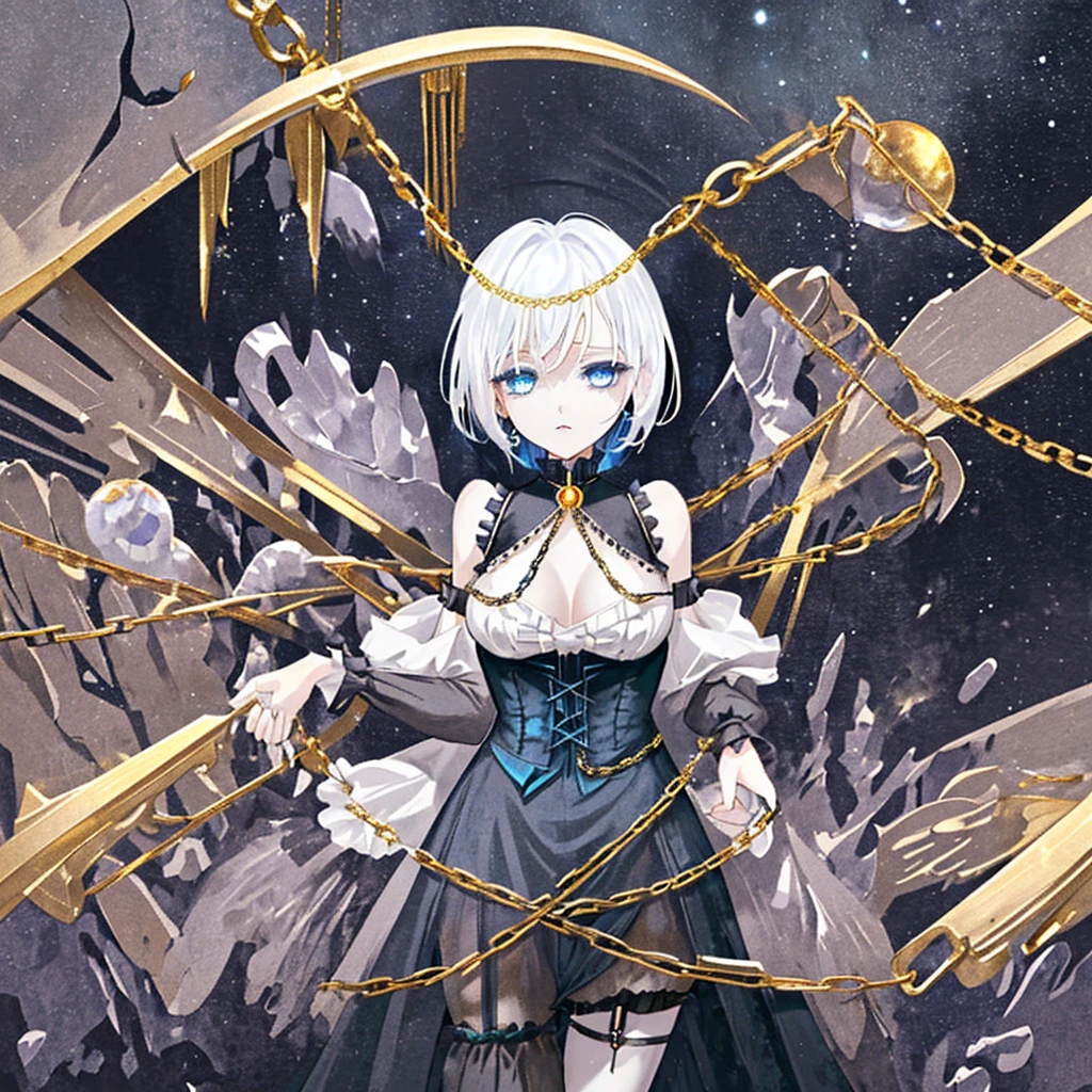 Woman open Victorian dress with body garter holder chained sleeves chains gold shackles etc black and white hair blue eyes space moon etc
