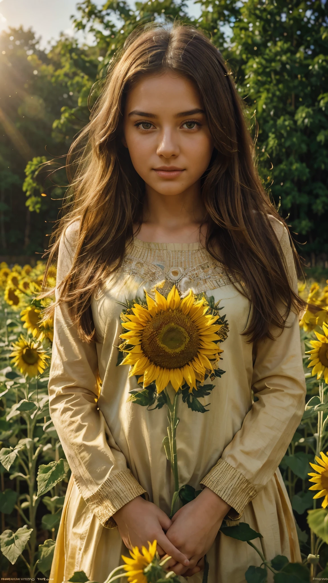 a beautiful young girl in a golden field of sunflowers, sunlight streaming through her hair, serene expression, detailed face with vivid eyes, high quality detailed intricate painting, photorealistic, cinematic lighting, vibrant colors, warm tones, 8k, detailed environment, lush greenery, detailed petals,artistic style