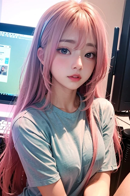 a cute girl with pink and long hair, wearing t-shirt, in front of her pc, looks at the camera, by style of onii kei, dreamy and romantic, light gray and light amber, jagged edges, light teal and light red, timeless beauty, 8k