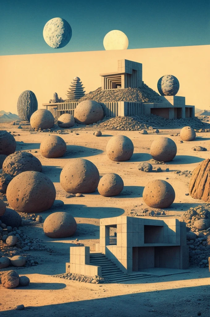 An illustration in collage style, with giant boulders, brutalist building sections, stairs, cacti, agave, concrete texture, multiple geometric shapes, hatch and cross hatching, planet saturn, volcano, moon, Luis Barragán's architectural style build