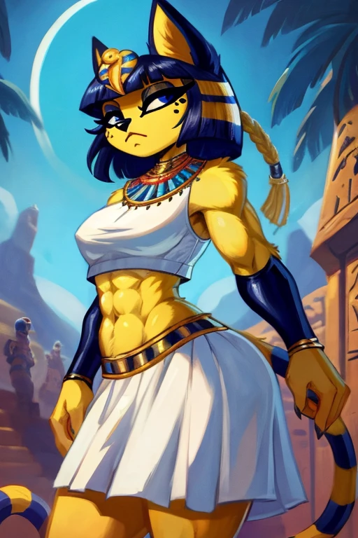 ((best quality)), ((masterpiece)), (detailed), a digital sideview artwork of ankha with abs wearing a crop top of her white sleeveless dress with white long skirt, a bare midriff and a bare navel, ((trending on artstation)), ((4k)), furry, anthro style, 2d style