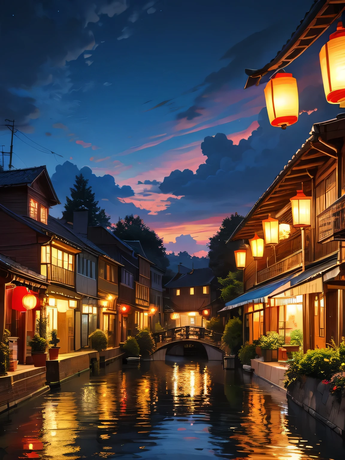 Beautiful digital art, Detailed painting 4k, Highly detailed digital painting, Rich, picturesque colors,Red light district,A town lit by lanterns
