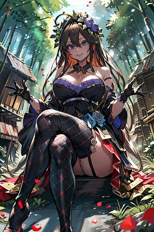 ((Highest quality)), ((masterpiece)),(detailed),High resolution,Sharp focus,Perfect Face,One girl,(complete anatomy),
(非常にdetailed CG unity 8k wallpaper),(((Vibrant colors))),{best illustration},
shiny 肌,very shiny 肌,Shiny body,plastic glitter 肌,exaggerated shiny 肌,illuminated skin,
((detailedなボディ)),(detailedな顔)), cute,Lewd,erotic,Bold,Adult,Long legs,Mature Woman,
Rosetta,Big Breasts,Purple rose head dress,Ahoge,purple rose decoration,
(Rose petals flying, 超High resolution),Wear an iridescent aura,
Invisible Light, Amazing shine, Neon red glow, The colors of another world,Bright colors, Ghostly Effects,
Cleavage,Shoulder Bare,Garter Straps,gem,Black Opera Gloves,Black Dress,Black fishnet stockings,
紅いgemの付いた首飾り,
embarrassed, smile,Open your mouth,
Legs Crossed Lying Down, vagina, (from below),
(Outdoor),Pioneer village in the forest,Dome-shaped building,reclaimed land,Stacked wooden boxes,Wooden box protected by linen,Sake barrel,Forest Trees々Hidden Village,Sunlight filtering through the trees,Secret Realm,