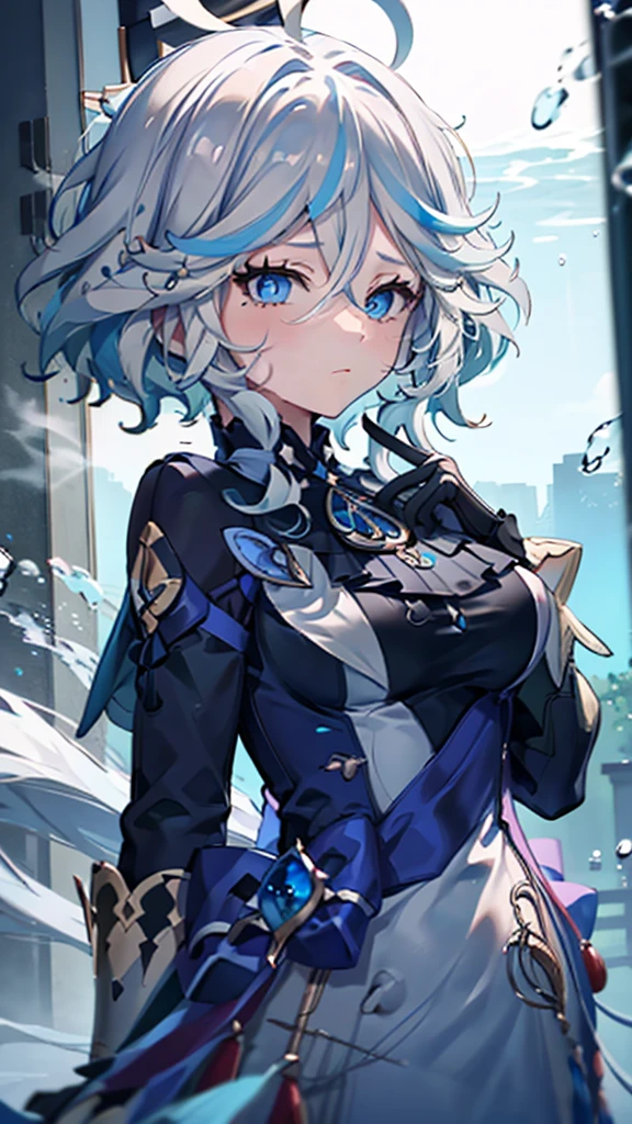 masterpiece, The best quality at its best, One huge breasted girl, Follina, Genshin Impact, Gray Hair, Blue Hair, Cute big breasts, Tear organ pupil, sad, Clit, Underwater, Air bubbles, big, Fall into oblivion, Abandoned city