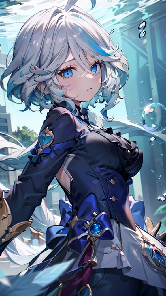 masterpiece, The best quality at its best, One huge breasted girl, Follina, Genshin Impact, Gray Hair, Blue Hair, Cute big breasts, Tear organ pupil, sad, Clit, Underwater, Air bubbles, big, Fall into oblivion, Abandoned city