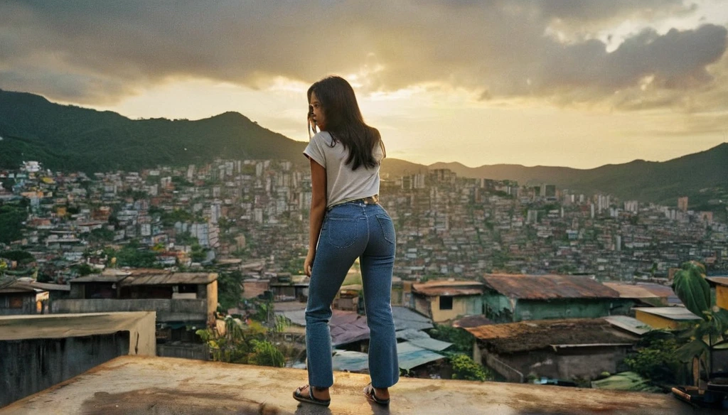 Centered, high angle photo taken from her back, a realistic photo of a young asian woman with oversized t shirt and denim pants, perfect ass, stands on rooftop in Brazilian favela, shot with kodak portra 160 film, cinematic, silhouette lighting and lighting from the houses below, vintage color grading, sunset, dark