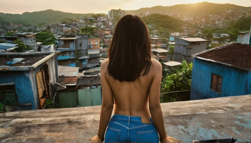 Centered, high angle photo taken from her back, a realistic photo of a young asian woman with oversized t shirt and denim pants, perfect ass, stands on rooftop in Brazilian favela, shot with kodak portra 160 film, cinematic, silhouette lighting and lighting from the houses below, vintage color grading, sunset, dark