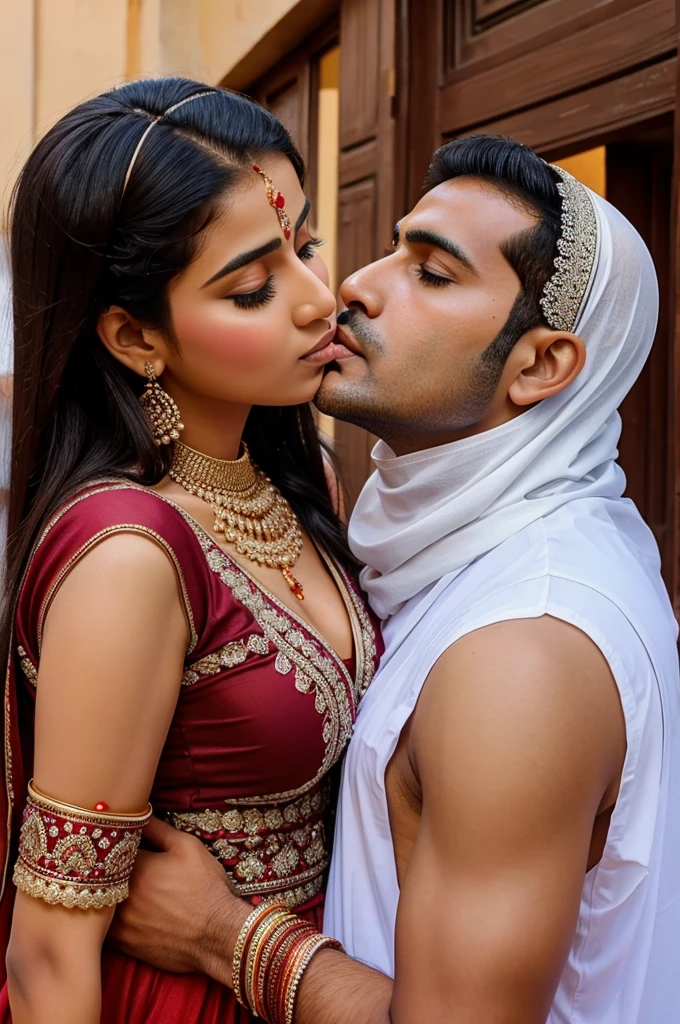 Muslim tall Turkish man kissing Hindu Indian married woman