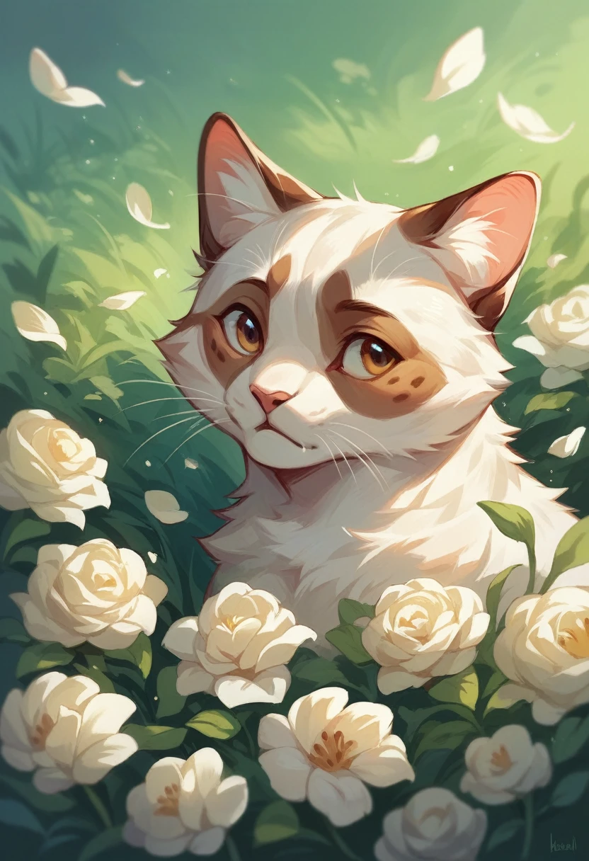 A white cat with brown spots is playing. In the meadow with flowers