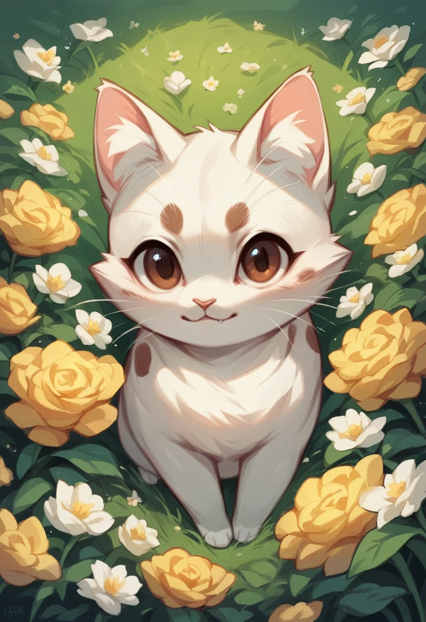 A white cat with brown spots is playing. In the meadow with flowers