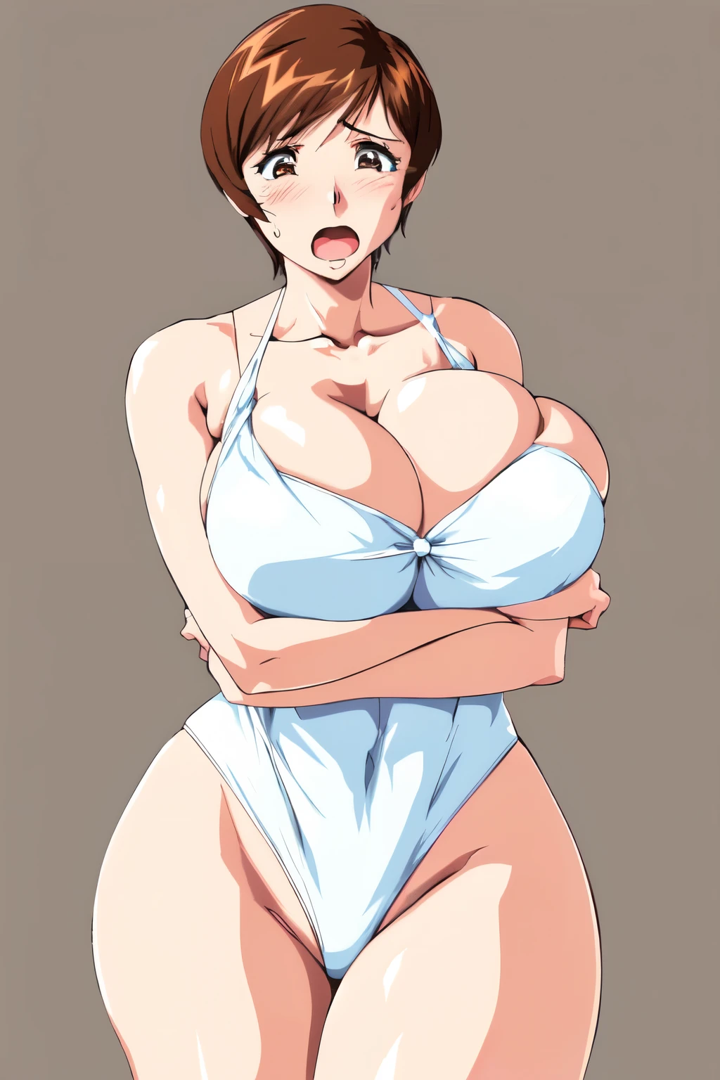 (masterpiece, Highest quality), ((simple background)), One girl,  etsukoto, ((wide hip, thick thighs, plump thighs, voluptuous thighs, enough thighs, naughty thighs)), narrow waist, hourglass waist, (large breasts, bursting breast, cleavage), short hair, high detail eyes, very cute, anguish, open mouth, (white swimsuit:1.4), Shiny, oily skin, Mature mother, Calf, Seductive mature woman, Perfect body, Plus Size Model, etsukoto, blush, clavicle, retro artstyle, 1990s (style), ((undersized swimsuit)),