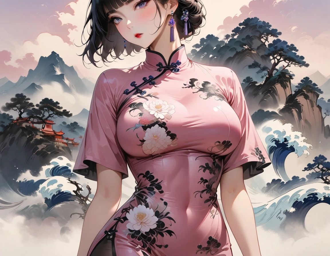 (Masterpiece, Best Quality: 1.3), 1girl, (Conservatively Dressed: 1.8), pink-purple cheongsam, pink-purple qipao, (Mature: 1.4), Cold Eyes, short hair, Gorgeous Accessories, very aesthetic, national painting, Clothing ink painting style, gradient hair, blunt bangs, blunt bangs, high detail, cowboy shot, Masterpiece, super detail, best quality