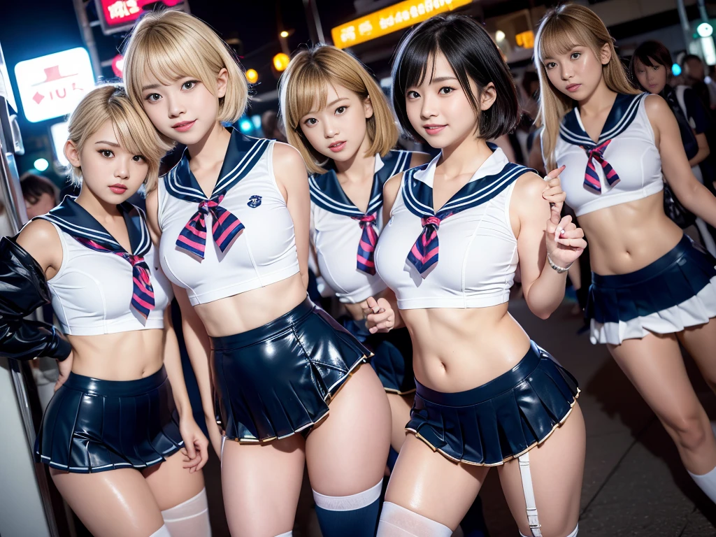 8K resolution, surreal, Super detailed, high quality, perfect anatomy, jammed, 5 women, group shot, smiling, cute face, Phenomenally cute, perfect proportion, full body, (Japanese high school girl uniform, satin and latex uniform, sleeveless, summer, sailor collar, shiny school swimsuit, short pleated skirt)+++, navel, sheer stocking, night neon street background, (bleached short gold hair)+++, large breasts, invite you inside, eyes of temptation, looking at viewer, inviting eyes, idol