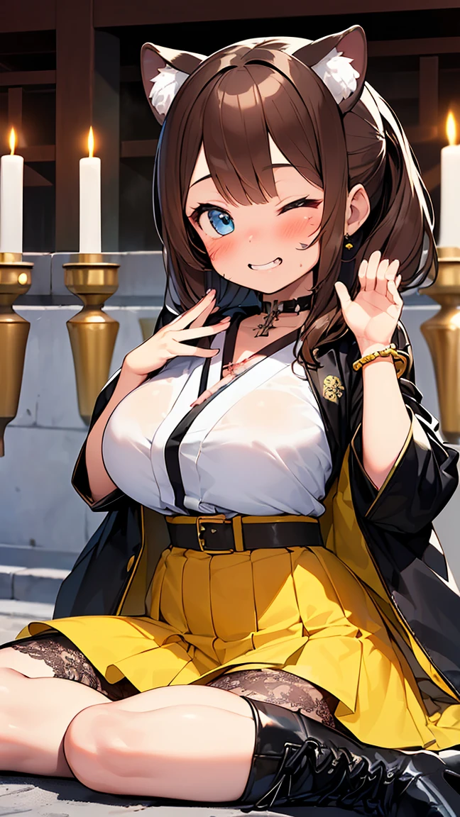 (8k, RAW photo, best quality, masterpiece, highres, absurdres, ultra detailed:1.3), (Photography, realistic, photo-realistic:1.4), (beautiful natural lighting, beautiful deatailed shadow, beautiful detailed glow :1.4), atmospheric,
BREAK 1 beautiful girl,(Cute:1.5),(Chibi:0.5),(kawaii:2),(:2), (17 yl), Very detailed, colourfull, highest details, BREAK, (Huge breasts: 1. 2), Clear skin, Beautiful skin, Shy skin,(Brown hair:1.75), (fluffy Big cat ears, Ponytail, medium-Long hair: 1. 2), (Light blue eyes, long eyelashes, Double eyelids: 1. 2),Solo,gleaming skin, Clear skin, Beautiful skin,(best quality face),(Top quality glowing eyes),(evil smile, blush :1.45), (cross wound on cheek: 1.45),
//Character
1girl,
BREAK (black and yellow theme:1.4), ((japanese idol costume with bee motif, punk and fancy style):1.2), (roll-up sleeves Latex black closed jacket with yellow bellied lapel:1.4), (zip-up:1.5), (costume divided into tops and bottoms:1.3), (collarbone:1.3), (crazy amount of buttons and needles:1.2), (yellow (eyelet belt, grommet belt):1.3), (yellow (See-through tulle skirt, tulle Layered mini skirt) with ruffles:1.3), (fancy over-knee-socks with black and yellow striped pattern:1.4), (black high platform boots with lace-up:1.2), (choker with silver needles:1.3), (bangle with silver needles:1.3), (Cute logo with a bee motif on jacket:1.2),BREAK
(looking up, sitting cross-legged (i.e. Indian style), Japanese temple, Todaiji, Maitreya statue in background, two Japanese candles, seven incense sticks, hands together, prayer pose, eyes closed, large prayer beads around neck:1.6),
BREAK wakame,wakame,wakame,(cowboy shot,from front:1.4), BREAK manga illustration,manga style,