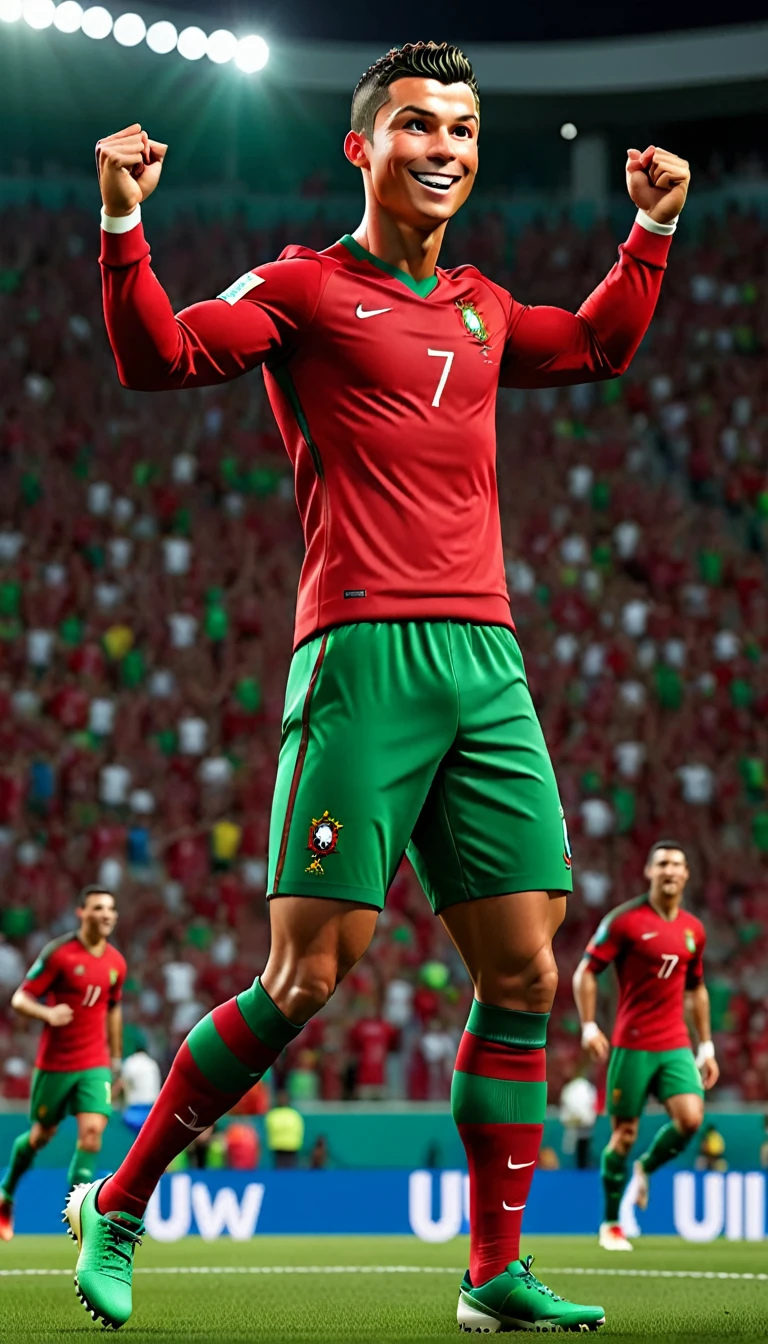 1 men,football star,Cristiano Ronaldo,celebration,Pixar style,3D,ultra high definition,8K,high quality,master,masterpiece,simple background,owo style,Portuguese national football team,Portugal national team jersey,red jacket,green shorts,