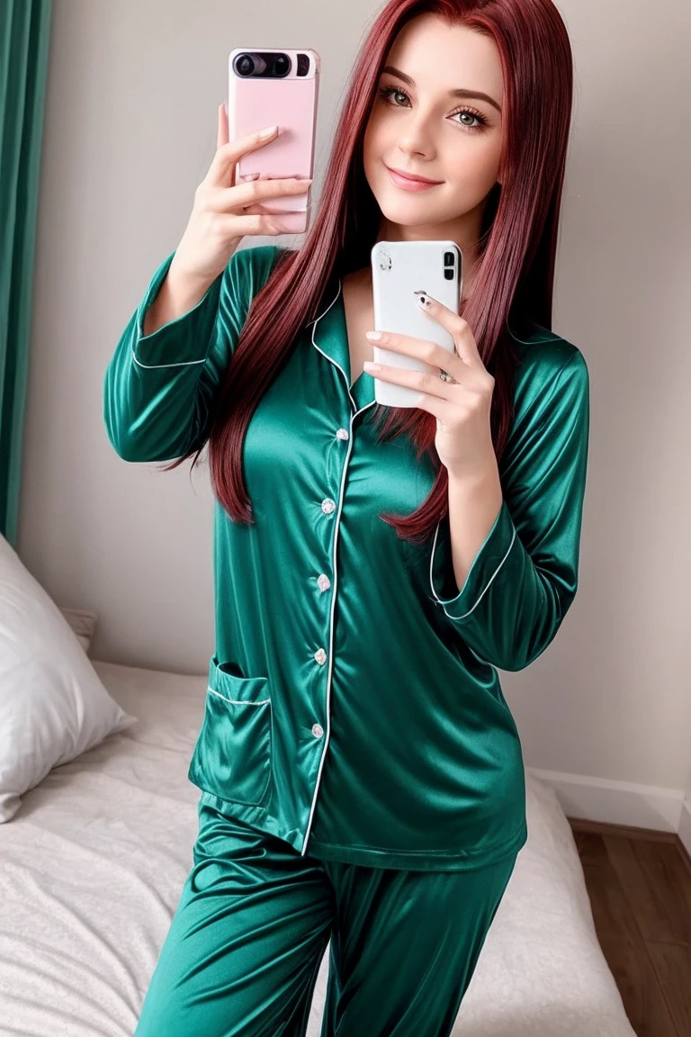 /imagine prompt:beautiful young woman with straight dark red hair taking selfie in bed in the morning, wearing green pajamas, bed has blue linens, full body shot, --ar 16:9