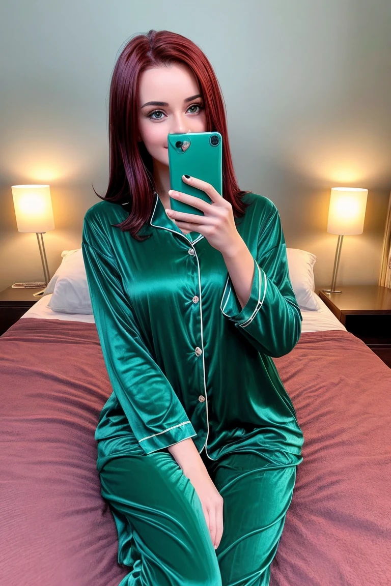 /imagine prompt:beautiful young woman with straight dark red hair taking selfie in bed in the morning, wearing green pajamas, bed has blue linens, full body shot, --ar 16:9