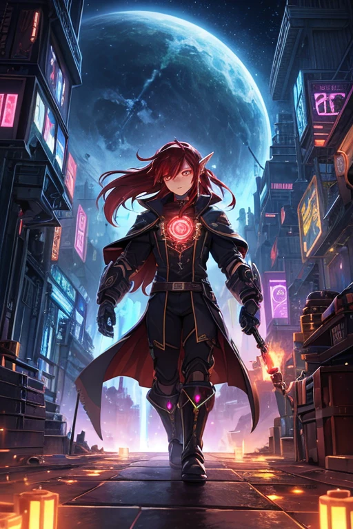 Niji mode. Full body, elf wizard, secret agent, wearing a fine and elegant suit, holding a pistol with long barrel glowing magic carvings and long handle, technological boot with glowing magic circuits, ruby eyes, dark red hair, orange skin, glowing red tattoos, ruby piercings, looking at the viewer, detailed face. Atompunk, android, cyborg, mechanical parts with magic stones, magic glowing eyes, advanced technology mixed with magic, magic circuits, gears made of magic materials, developed by Technological Magic. Walking in the middle of a magical atompunk metropolis mixing technology and vegetation, particle effects, wide and deep scenery, with multiple planes of depth, cinematic and dynamic scene with a sense of movement, view of magical bright lights reflecting the scene, stylish pose, aura lights, glowing technological cables, epic atmosphere, magic tools, old anime style, Studio ghibli, metal hurlant, artbook, RPG fantasy.