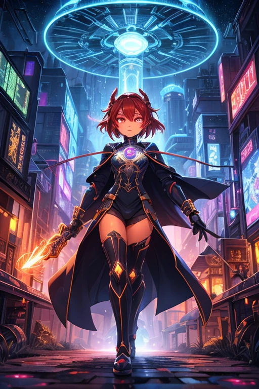 Niji mode. Full body, elf wizard, secret agent, wearing a fine and elegant suit, holding a pistol with long barrel glowing magic carvings and long handle, technological boot with glowing magic circuits, ruby eyes, dark red hair, orange skin, glowing red tattoos, ruby piercings, looking at the viewer, detailed face. Atompunk, android, cyborg, mechanical parts with magic stones, magic glowing eyes, advanced technology mixed with magic, magic circuits, gears made of magic materials, developed by Technological Magic. Walking in the middle of a magical atompunk metropolis mixing technology and vegetation, particle effects, wide and deep scenery, with multiple planes of depth, cinematic and dynamic scene with a sense of movement, view of magical bright lights reflecting the scene, stylish pose, aura lights, glowing technological cables, epic atmosphere, magic tools, old anime style, Studio ghibli, metal hurlant, artbook, RPG fantasy.