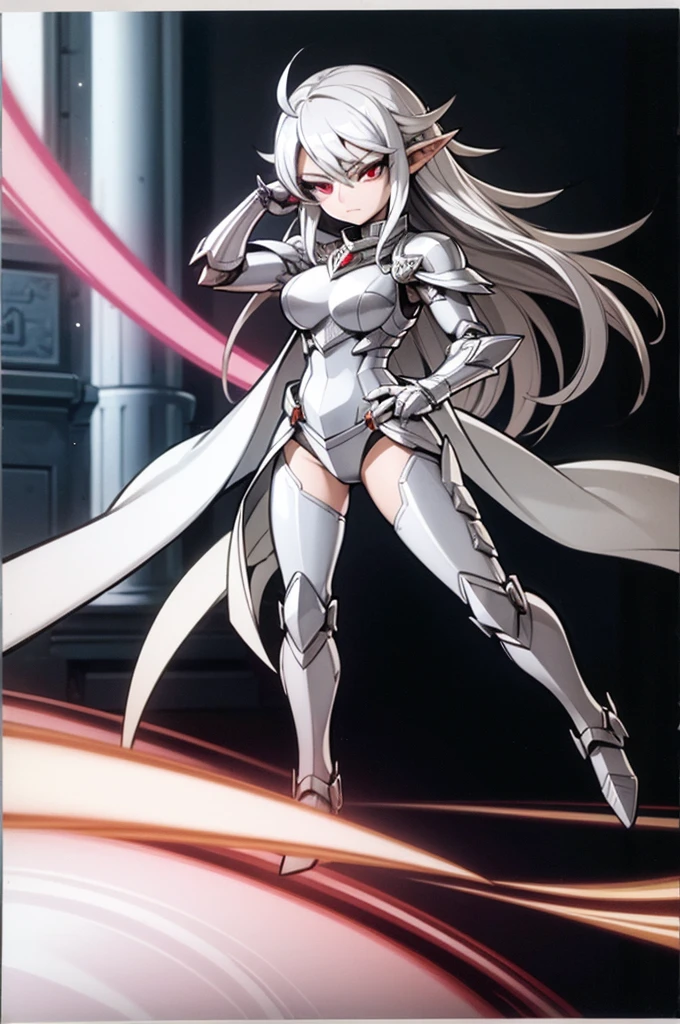 female elf knight, full body art, silver hair, white skin, red iris eye, knight full plate adorned armor, silver cape, perfectly detailed