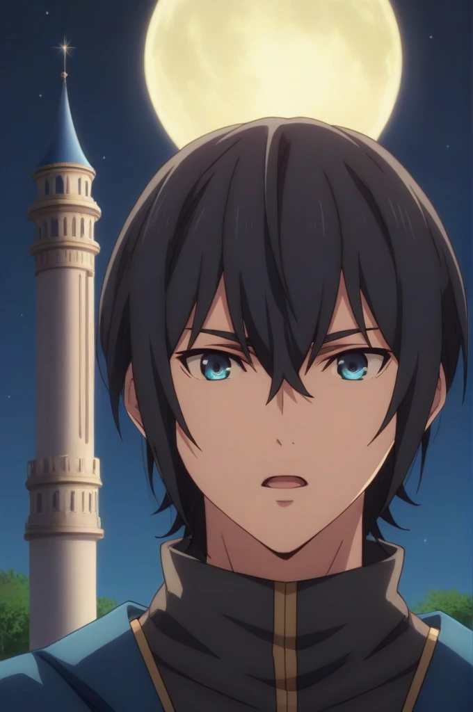 score_9, score_8_up, score_7_up, source_anime, rating_safe, , (realistic:0.6), looking at viewer, , 1boy, solo, male focus, ren_amaki, black hair, blue eyes, hair between eyes, cowboy shot, palace, night, full moon, floating, open mouth, , 