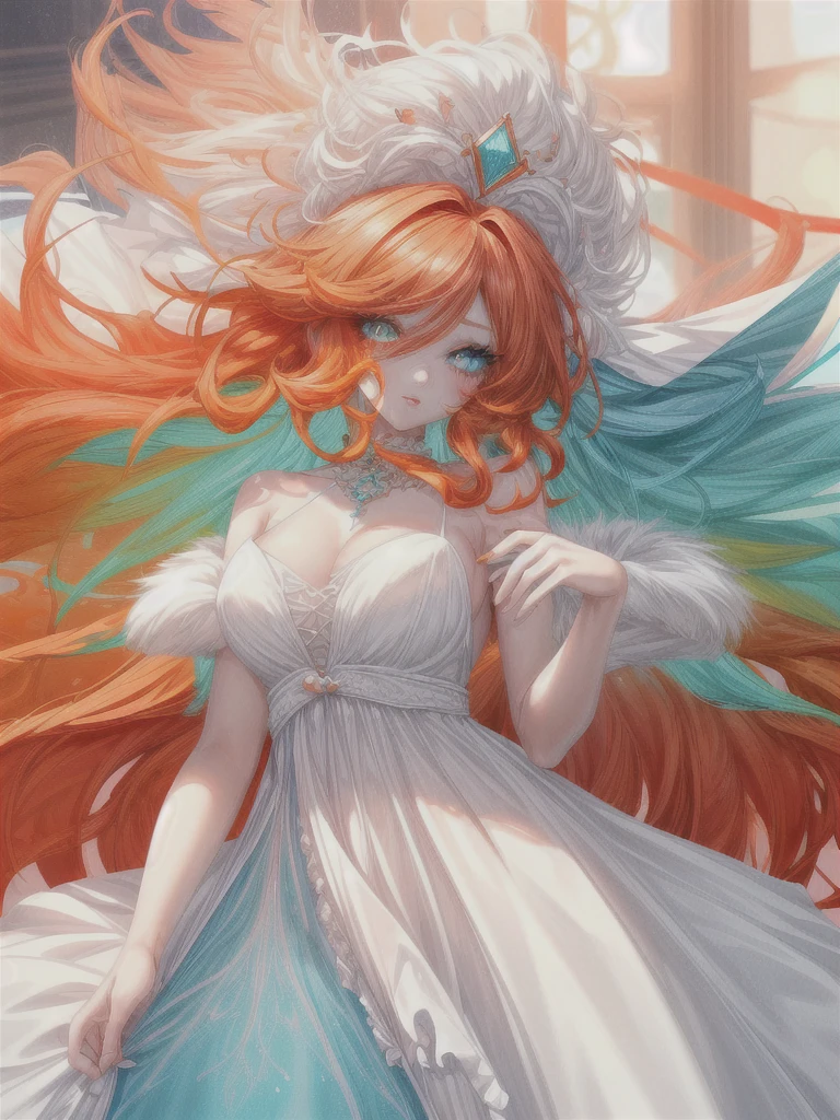super verbose、highest quallity、vibrant colors 、HD 4k、 a beautiful girl、beautiful fur、long curly orange hair、Messy hair、disordered hair、orange eyelashes、diamond eyes、turquoise eyes、Beautiful eyes、 lips、bright and low-cut white dress、spectacular view